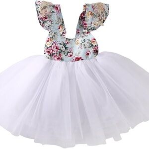 Floral Lace Kids Dress - White and Green fairy tulle dress 3T